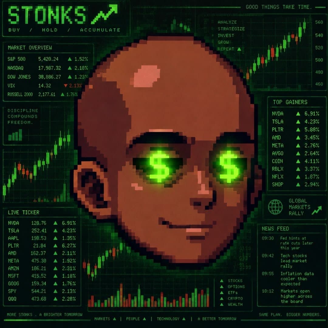A Stonker: pixel-art trader with glowing dollar-sign eyes, framed by market panels and candlestick charts.